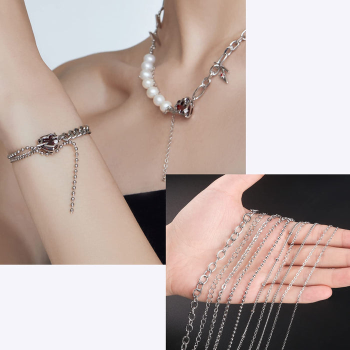 Ecoofor Necklace Chains for Jewelry Making, 78.7 Feet 10 Rolls Stainless Steel Jewelry Chains for DIY Necklace Bracelet Jewelry Making with Stainless Steel Jump Rings/Lobster Clasps/Connectors