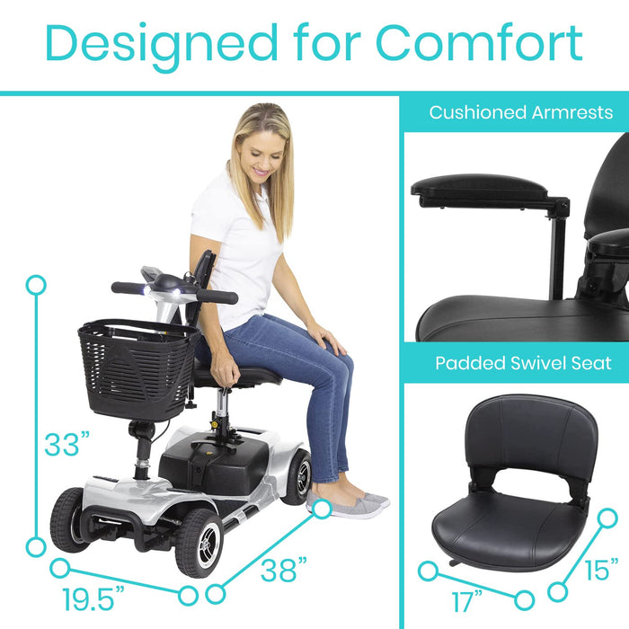 Vive 4 Wheel Mobility Scooter - Electric Powered Wheelchair Device - Compact Heavy Duty Mobile for Travel, Adults, Elderly - Long Range Power Extended Battery with Charger and Basket Included