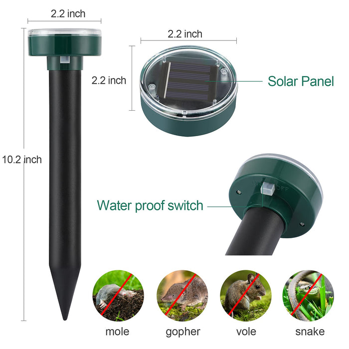 ELLASSAY Ultrasonic Mole Repellent Solar Powered 4 Pack Sonic Mole Deterrent Spikes,Snake Gopher Vole Repellent for Lawn Garden & Yard,Gopher Deterrent,Groundhog Repeller