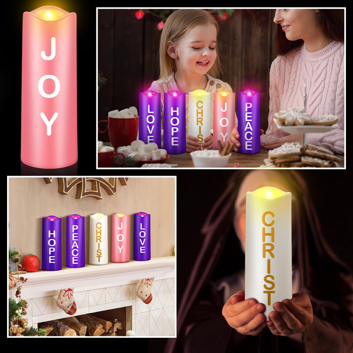 Mudder 5 Pcs Christmas Advent Pillar Candles LED Flameless Advent Candle Set Christmas Candles with Words Hope Peace Love Joy Christ Purple Pink White Pillar Candles for Church Wreath Rituals