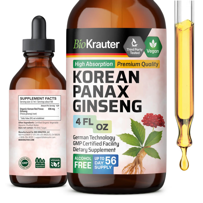 BIO KRAUTER MAUWE Herbs Panax Ginseng Liquid Drops - Korean Ginseng Extract Alcohol Free - Organic Red Ginseng Tincture for Immune Support - Vegan, Sugar Free Ginseng Drops 4 Fl.Oz.