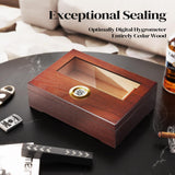 Puffaland Cigar Humidor Box Cigar Case Desktop Box Cedar Wood Cigar Box Gift for 20-25 Cigars with Glass Top and Digital Hygrometer,Brown