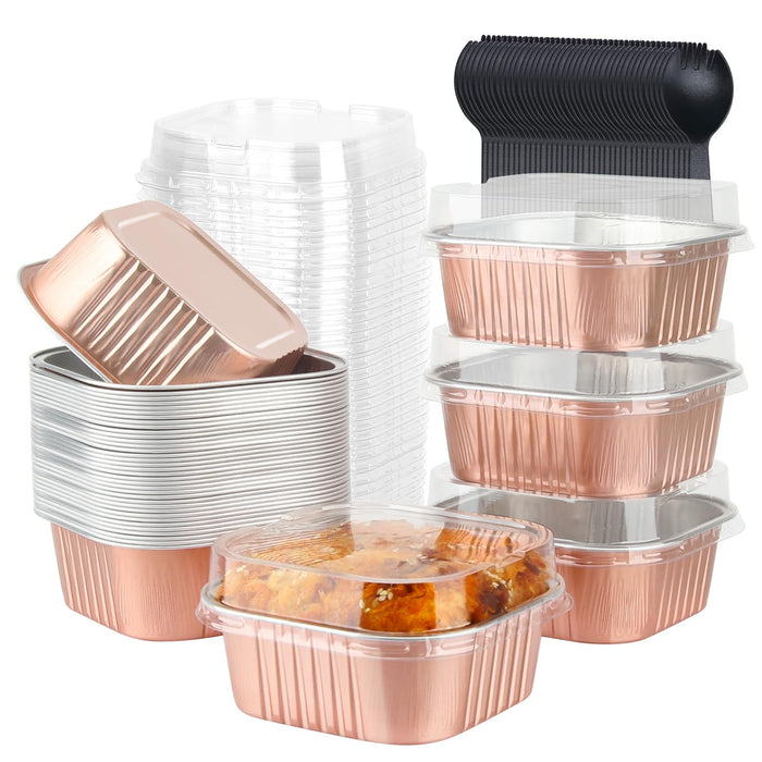 10oz Mini Cake Tins With Lids 40 Pack,LNYZQUS Aluminum Foil Small Baking Pans Disposable Large Brownie Baking Cups,4”x4” Small Bread Muffin Containers Holders For Party-Champagne