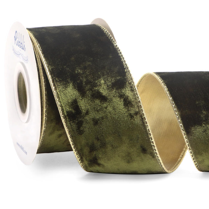 Ribbli Olive Green Velvet Wired Ribbon 2.5 Inch Metallic Olive Green Crushed Velvet Christmas Ribbon for Gift Wrapping Christmas Tree Decoration Crafts Wreaths Supplies-Continuous 10 Yards
