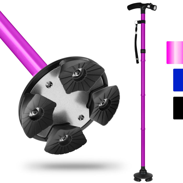 Folding Cane with Led Light, Adjustable Canes for Men and Women, Walking Stick for Elderly with Cushion Handle and Pivoting Quad Base for Hiking Mountain Climbing Backpacker-Purple……