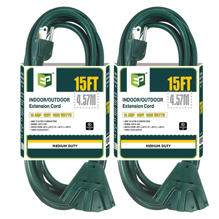 EP 2 Pack 15 Ft Outdoor Extension Cord with 3 Electrical Power Outlets - 16/3 SJTW Green Cable with 3 Prong Grounded Plug for Safety Great for Christmas Lights, Garden and Major Appliances