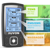 AUVON Dual Channel TENS EMS Unit 24 Modes Muscle Stimulator for Pain Relief, Rechargeable TENS Machine Massager with 12 Pads, ABS Pads Holder, USB Cable and Dust-Proof Storage Bag