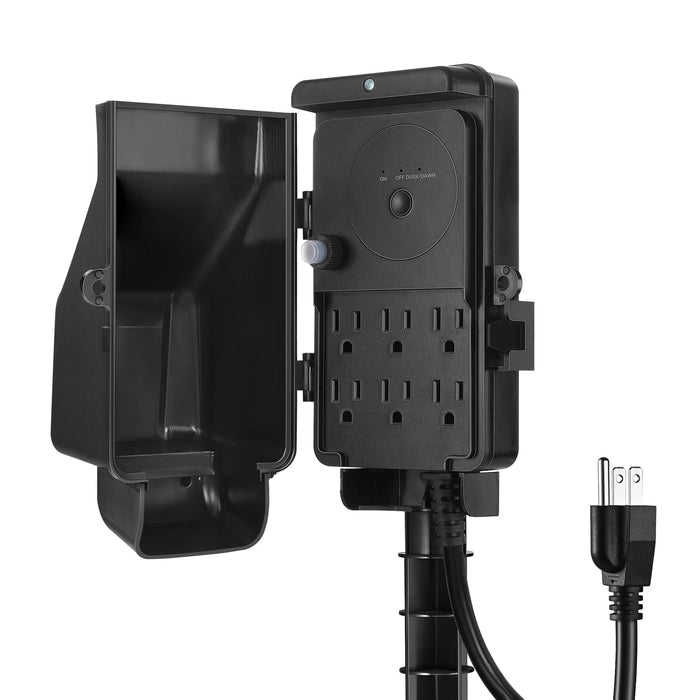 DEWENWILS Dusk to Dawn Outdoor Power Strip Stake with Overload Protection, 6FT Extension Cord, 6 Outlets, Waterproof Yard Stake Outlets for Halloween/Christmas Decor Lights, Fountains, 15A/1875W