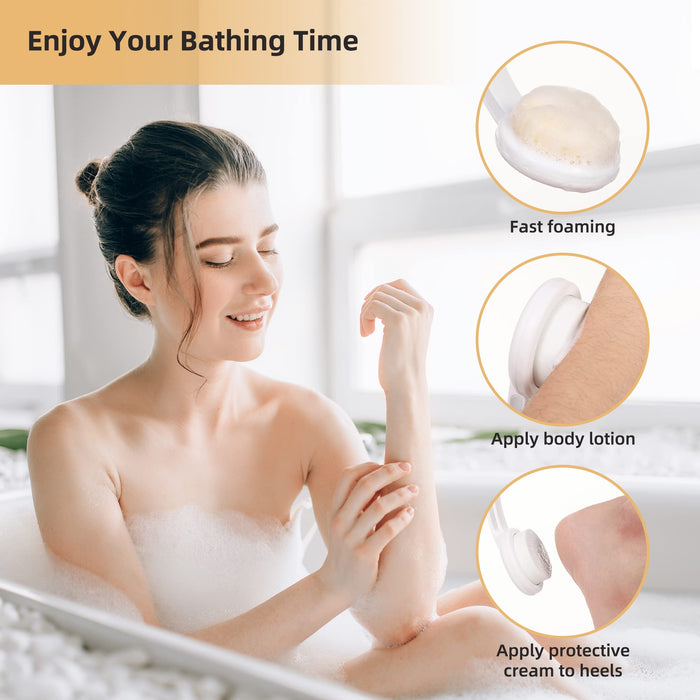 Fanwer 3 in 1 Lotion Applicator for Back Self Elderly & Back Bath Brush for Shower for Men and Women with Long Handle, 18.9in Curved Long Handled Shower Body Brush, Back Scrubber for Shower