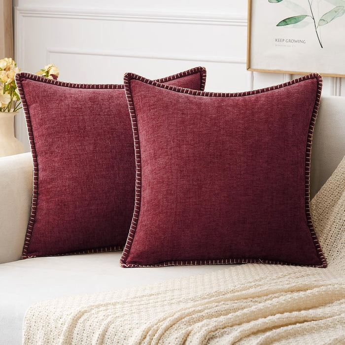 MIULEE Pack of 2 Couch Throw Pillow Covers 18x18 Inch Burgundy Red Farmhouse Decorative Pillow Covers with Stitched Edge Soft Chenille Solid Dyed Christmas Pillow Covers for Sofa Bed Living Room