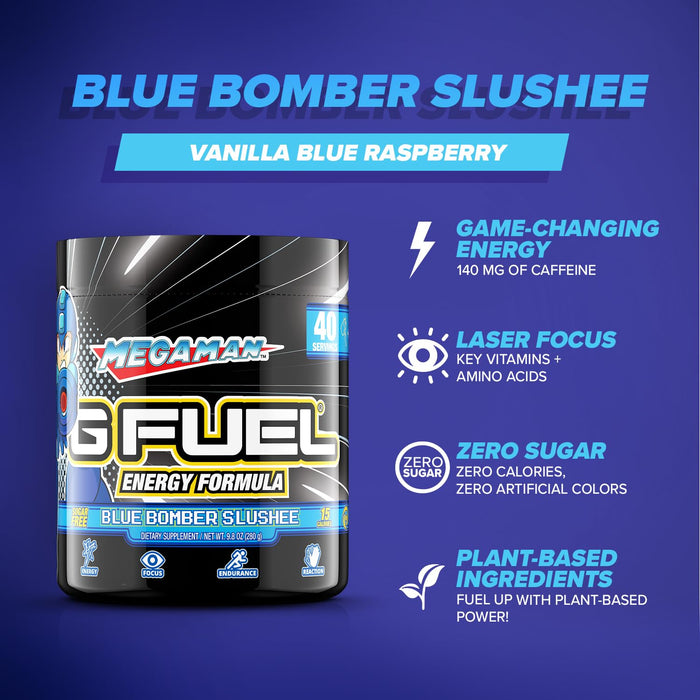 G Fuel Megaman Energy Powder, Sugar Free, Clean Caffeine Focus Supplement, Water Mix, Blue Slushee Flavor, Focus Amino, Vitamin + Antioxidants Blend, 9.8 oz (40 Servings)