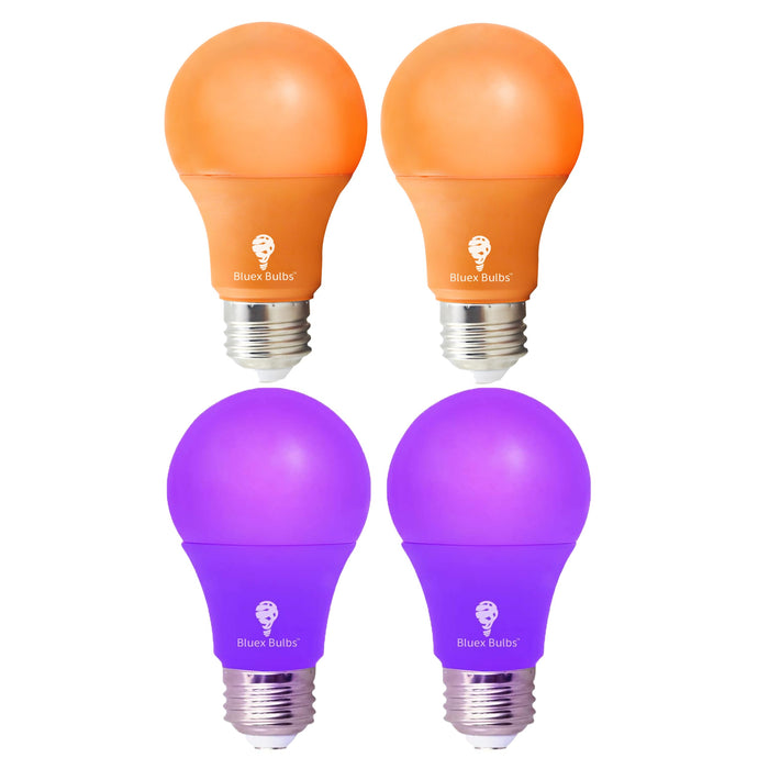 4 Pack A19 LED Purple Light Bulb LED Orange Light Bulb 120V E26 Base 9 Watt (60-watt Replacement) Purple Bulb Orange Bulb, Party Decoration, Porch, Home Lighting, Halloween Light Bulbs