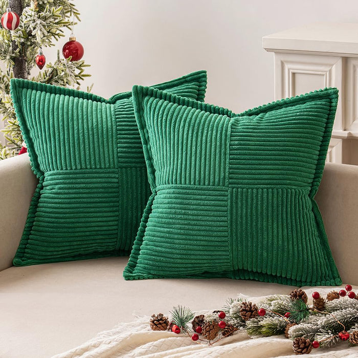 MIULEE Corduroy Pillow Covers with Splicing Set of 2 Super Soft Boho Striped Christmas Pillow Covers Broadside Decorative Textured Throw Pillows for Couch Cushion Livingroom 18x18 inch Emerald Green