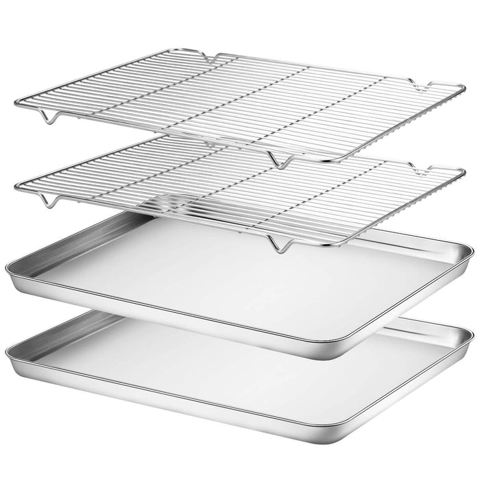 Wildone Baking Sheet & Rack Set [2 Sheets + 2 Racks], Stainless Steel Cookie Pan with Cooling Rack, Size 17.3 x 12.2 x 1 Inch, Non Toxic & Heavy Duty & Easy Clean