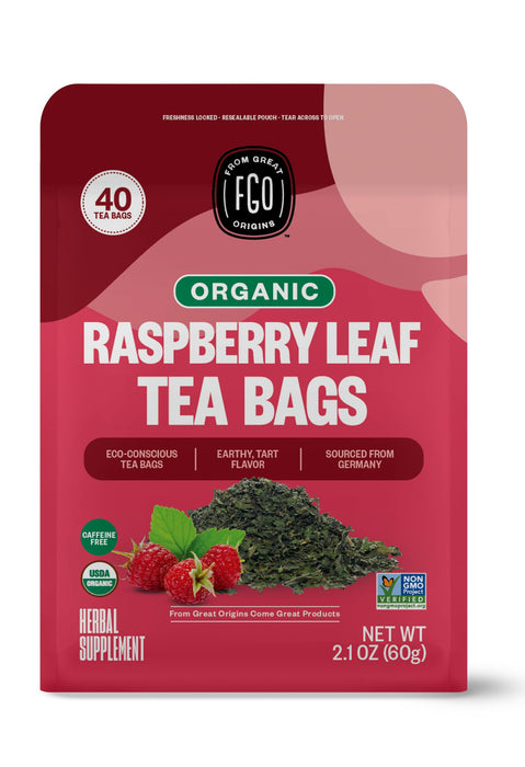 FGO Organic Red Raspberry Leaf Herbal Tea, 40 Count, Eco-Conscious Tea Bags, Caffeine Free (Pack of 1)