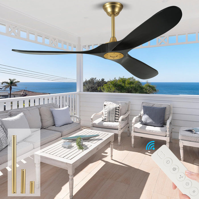 60 Inch Ceiling Fan without Light, Outdoor Ceiling Fans for Patios with Wall Control and Remote Control, Black Gold Modern Farmhouse Ceiling Fan, 3 Blade Large Air flow Reversible DC Wood Ceiling Fan