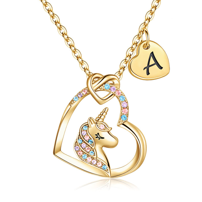 Hidepoo Unicorn Necklace Gifts - 14K Gold Plated CZ Heart Pendant Unicorn Necklace Jewelry A Initial Heart Unicorn Necklace Halloween Christmas Gifts Unicorn Jewelry Toy Birthday Gifts Unicorns Gifts