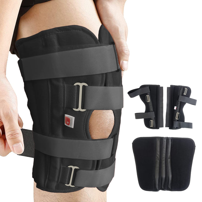 Azmec Straight Leg Brace Tri-Panel Orthopedic Knee Immobilizer 12" Long Adjustable Side Panels Knee Splint – Lightweight Universal Leg Brace for Teenager, Women and Men - Black