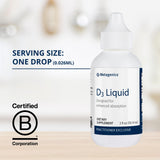 Metagenics D3 Liquid - 2 fl oz - Liquid Vitamin D3 - Bone Health & Immune Support* - Suitable for Kids - 2,275 Servings