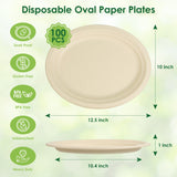 FEHHTO Disposable Oval Paper Plates, 100Pack 12.5inch Biodegradable Paper Plates, Compostable Heavy Duty Bagasse Platters Eco-Friendly Sugarcane Plates for BBQ, Party, Picnic - Natural Brown