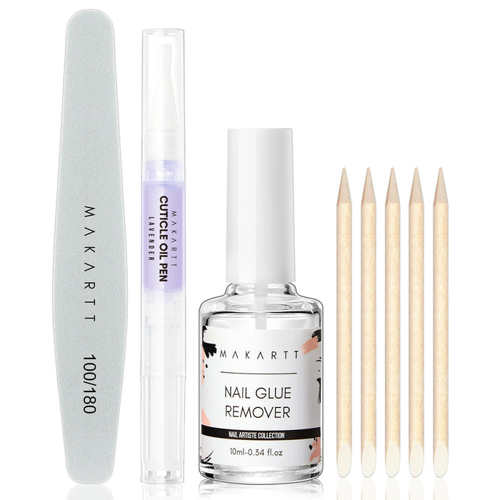 Makartt Nail Glue Remover Kit, for Press on Nails, 10ML Glue Off, 100/180 Grit Nail File Buffer, 5ML Cuticle Oil, All in One Press On Nails Remover and Nail Care Kit