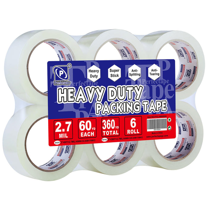 P PERFECTAPE Heavy Duty Packing Tape 6 Rolls, Total 360Y, Clear, 2.7 mil, 1.88 inch x 60 Yards, Ultra Strong, Refill for Packaging and Shipping