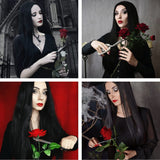 shecool Black Wig for Costume Wig with Red Rose Long Black Middle Part Synthetic Hair Wig Natural Wigs for Halloween Costume Party SL009BK