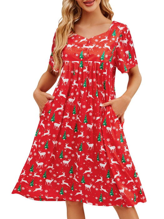 CRIPOM Christmas House Dresses for Women with Pockets Xmas Moo moos House Coat Batas De Dormir para Mujer Grandma Dress Mumu Dresses Plus Size House Dresses for Elderly Christmas 3XL