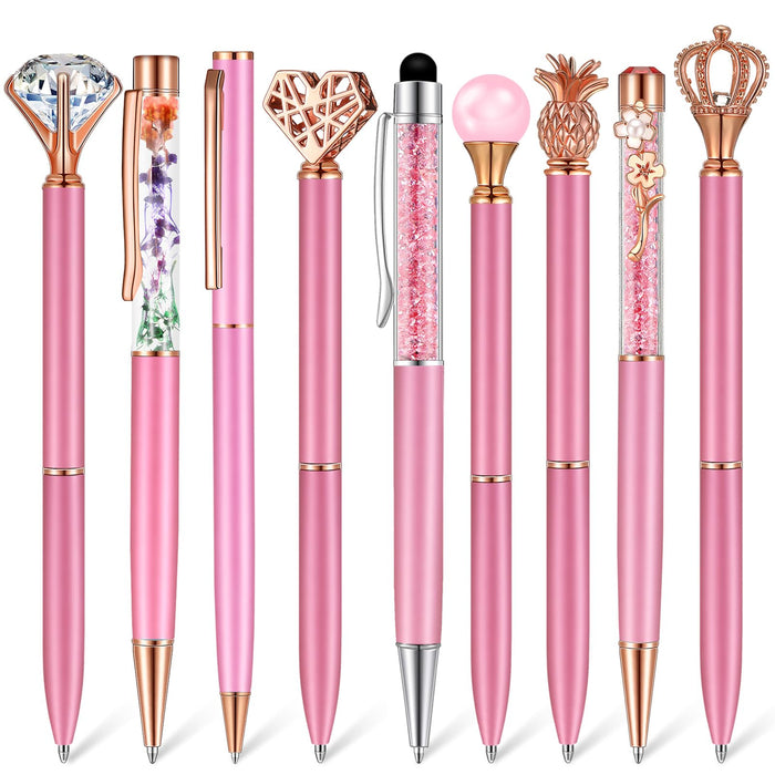 Janmini 9 Pcs Ballpoint Pens Set Metal Crystal Diamond Pen Glitter Pen for Journaling Black Ink Pretty Cute Pens Fancy Pens Gifts for Women Girls Christmas Birthday School Office Desk(Pink Purple)