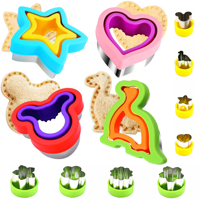 Uncrustable Sandwich Cutter, 12pcs Sandwich Cutter and Sealer sets, Uncrustable Maker, Crustless Sandwich Maker, Bread Cookie Cutters for Boys Girls Lunch & Bento Box (Dinosaur Heart Mouse Star)