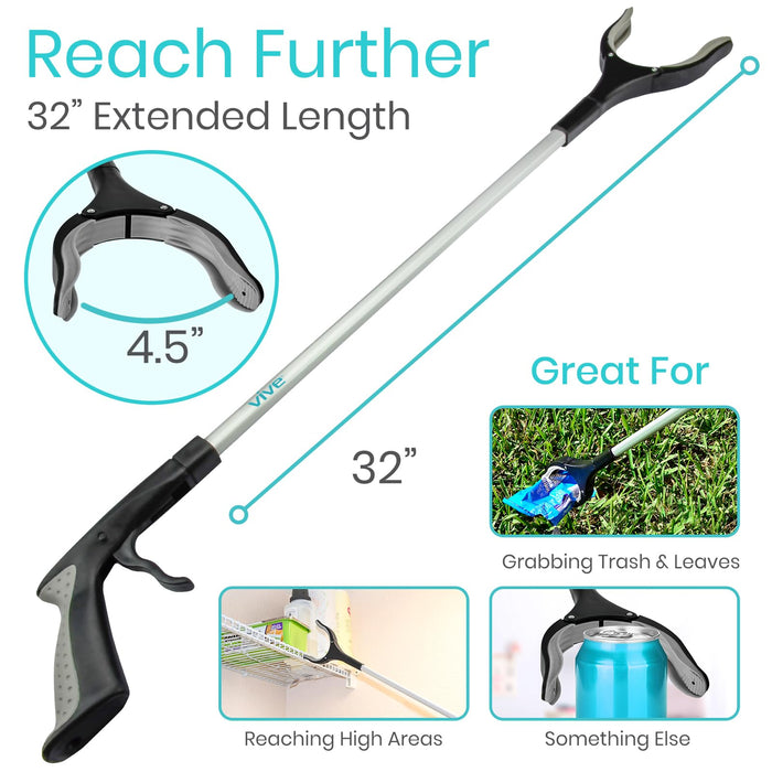 Vive Reacher Grabber Tool - 32" Extra Long Pickup Aid (2 Pack) - Trash Picker Upper, Rotating Hand, Heavy Duty Grip Arm - Reaching Assist for Litter, Elderly, Garden Nabber, Disabled, Handicap Arm