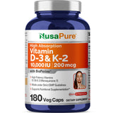 NusaPure Vitamin K2 (MK7) (200mcg) + Vitamin D3 (10000 IU) 180 Veg Caps - Bioperine, Soyfree, Non-GMO