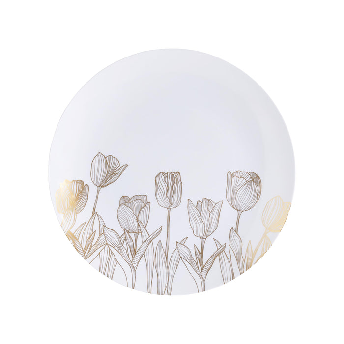 PLASTICPRO 128 Pack Elegant Disposable Plastic Plates Combo Set Bulk Pack Includes 64 Dinner Plates and 64 Salad Plates Heavy Duty Fancy Party Plates White with Gold Tulip Design