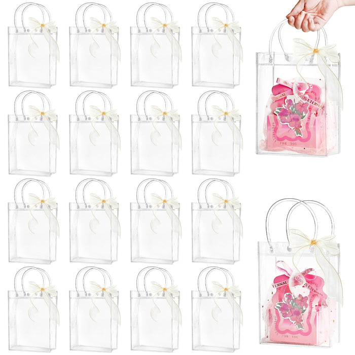 Ohuimrt 24 PCS Clear Plastic Gift Bags with Handles, Reusable Party Favor Bags with Ribbon Transparent Gift Wrap Bags Bulk for Weddings Birthdays, 5.9 x 7.9 x 2.8 Inches