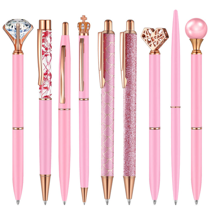 Janmini 9 Pcs Ballpoint Pens Set Metal Crystal Diamond Pen Glitter Pen for Journaling Black Ink Pretty Cute Pens Fancy Pens Gifts for Women Girls Christmas Birthday School Office Desk(Pink)