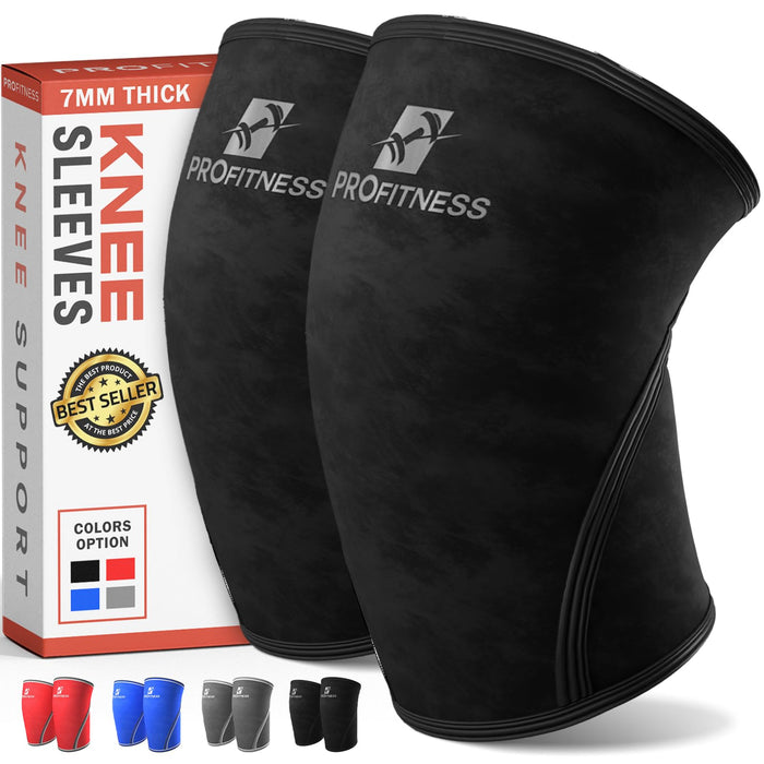 ProFitness Squat Knee Sleeves Men - 7mm Neoprene Knee Brace for Women Working Out for WOD, Gym, Squats & Weightlifting | Black/Black | Small