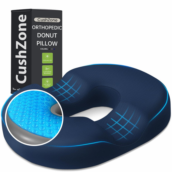CushZone Donut Pillow Seat Cushion - Memory Foam Cooling Gel Lifting Cushion for Office & Home Chair, Car Seat, Wheelchair, Hemorrhoids Pillow, Sciatica & Tailbone Pain Relief Chair Cushion, Blue