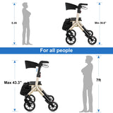 WALK MATE Rollator Walker for Seniors Taller 5.3~7ft with Height-Adjustable Seat, 10 Inch Wheels Wire-Hidden Walkers Compact Folding Design Lightweight Mobility Walking Aid Widen Backrest, Gold