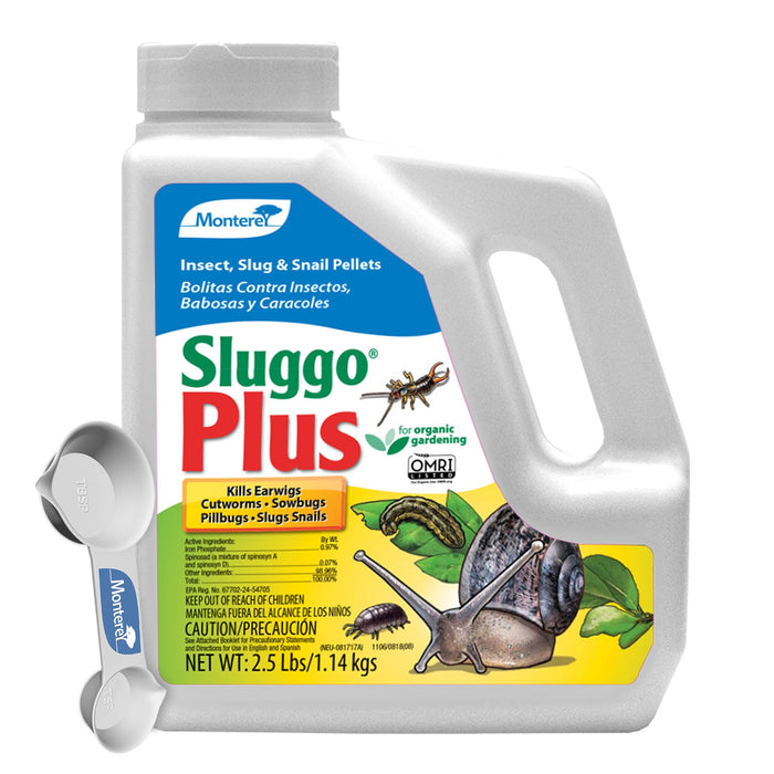 Monterey Sluggo Plus Bundled with Measuring Spoon - Snail & Slug Killer, Plus Controls Other Insects, OMRI Listed for Organic Gardening - 2.5 lb jug