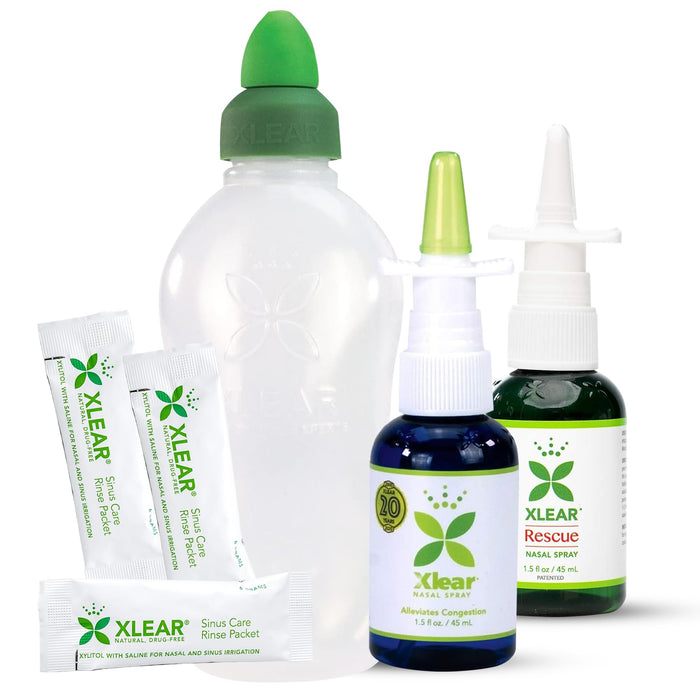 Xlear Dry Nose Relief Kit, All Day Dry Nose Rescue Kit Including Xlear Nasal Spray with Xylitol, Xlear Rescue Nasal Spray, Xlear Nasal Rinse Neti Pot and 50 Refill Packets