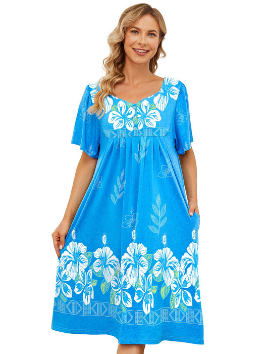 udforsk House Dresses for Women with Pockets Summer Mumu Duster Housecoat Women Elderly Robes Short Sleeve Patio Dress Nightgowns Light Blue XL