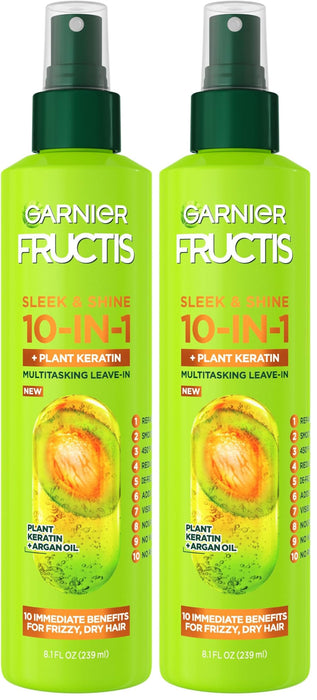Garnier Fructis Sleek & Shine 10-in-1 for Frizzy,Dry Hair,Plant Keratin,8.1 Fl Oz,(Packaging May Vary),(Pack of 2)