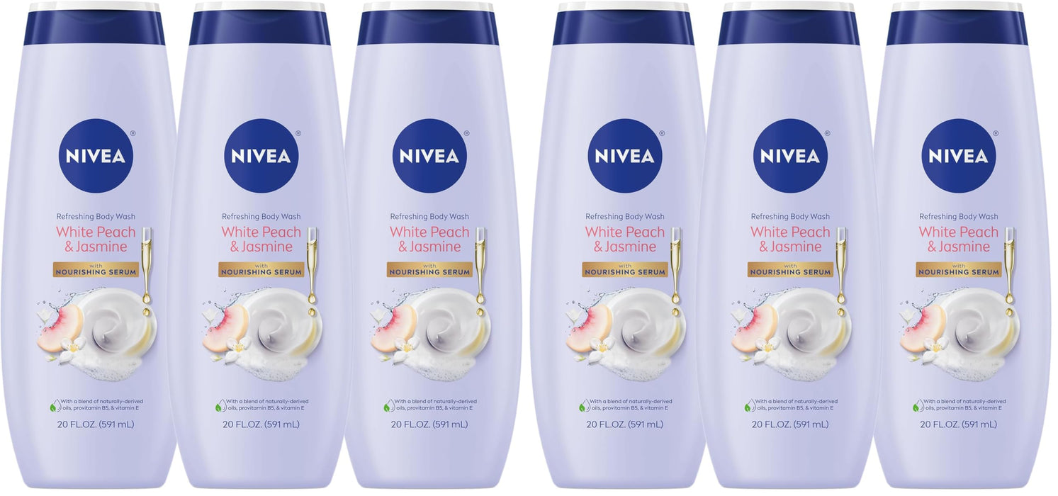 NIVEA Refreshing White Peach and Jasmine Body Wash with Nourishing Serum,Scented Body Wash for Women,Enriched with Provitamin B5 and Vitamin E,20 Fl Oz Bottle,(Pack of 6)