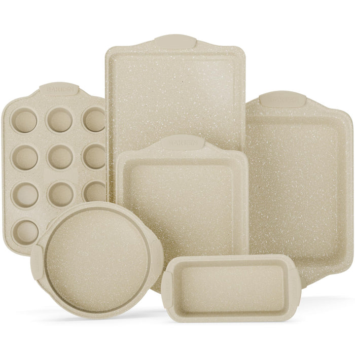 BAKKENMASTER 6-Piece Deluxe Nonstick Baking Pan Set - Professional Grade Carbon Steel Bakeware with White Marble Coating & Silicone Handles