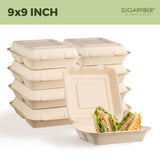 [200 COUNT]Sugarfiber by Harvest Pack 9 X 9" Compostable Clamshell Food Containers, 3 Compartment Clamshell Heavy-Duty Hinged Container, Disposable Bagasse Eco-Friendly Natural Takeout to go Box