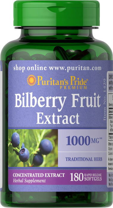 Puritan's Pride Bilberry Extract, Contains Antioxidant Properties*, 1000mg Equivalent, 180 Rapid Release Softgels (Packaging May Vary)