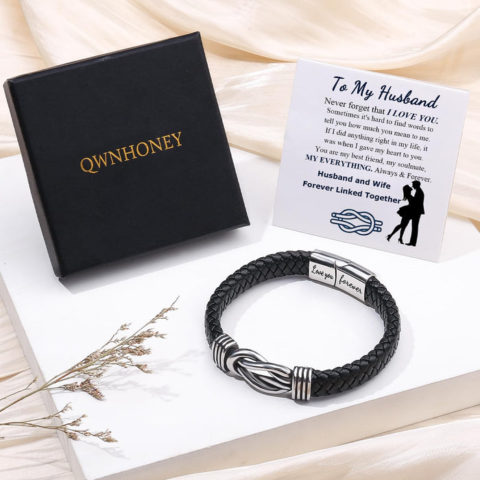 QWNHONEY Gifts for Son Bracelet for Son from Mom forever Linked Together Bracelet Birthday Christmas Anniversary Bracelet Idea Mens Black Braided Cuff Bracelet 8.5 Inches