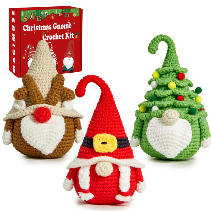 MAGIMUSE Christmas Crochet Kit for Beginners, Crochet Starter Kits for Adults Amigurumi Craft Knitting Crochet Animals Kits with Step-by-Step Video Tutorials, 3 Pack Gnome (40%+ Yarn)