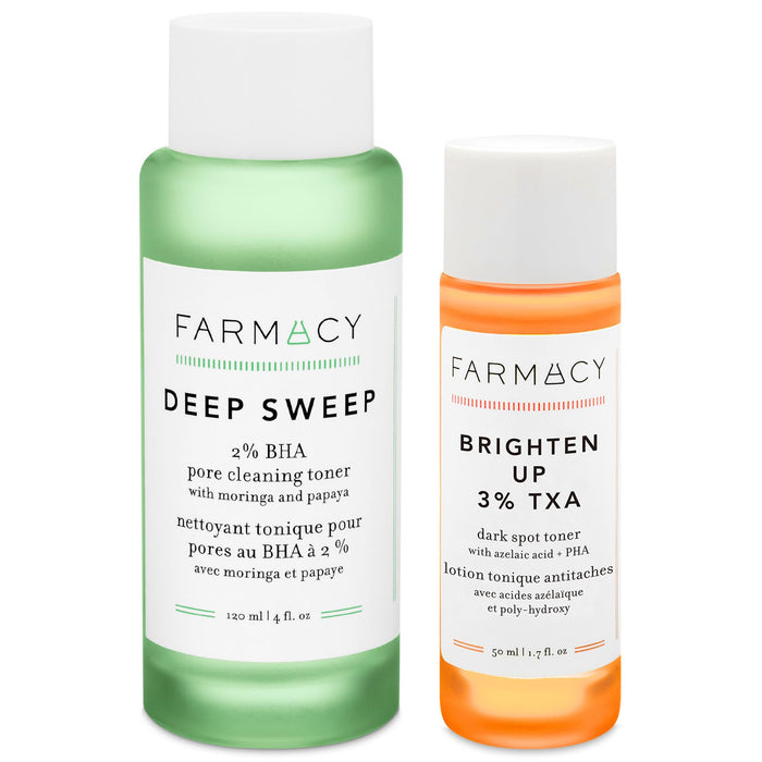 Farmacy Exfoliate & Brighten Toner Duo - Skincare Gift Set with Deep Sweep Exfoliating Toner and Brighten Up TXA Toner for Dark Spots