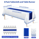 8Pack Disposable Plastic Tablecloths and Satin Table Runner White and Royal Blue Dot Tablecloth Blue Satin Table Runner for Wedding Birthday Baby Shower Anniversary Christmas New Year Party Supplies